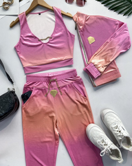 Kadın Uzun Kollu Askılı Yuvarlak Yakalı Krop Bluz, Uzun Kollu önden Fermuarlı Ceket Ve Pantolon Dalgıç üçlü Takım