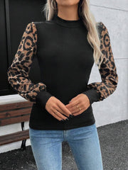 Kadın Uzun Kollu Yarı Balıkçı Yaka Leopar Detaylı Kaşkorse Bluz