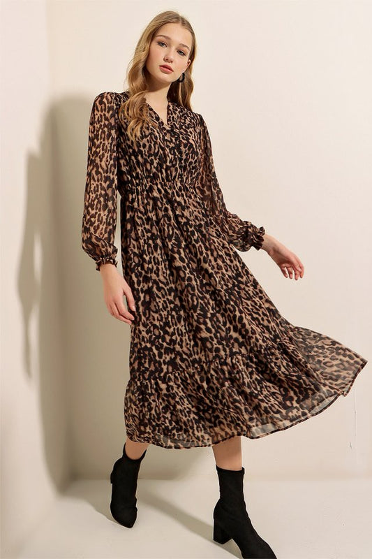 2137 Desenli Şifon Elbise - C. Kahverengi