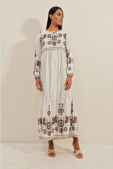 1947 Desenli Uzun Elbise - Kırmızı