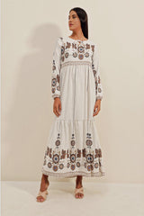 1947 Desenli Uzun Elbise - Kırmızı