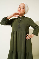 1627 Yaka Bağcıklı Tesettür Elbise - Gri