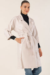 1034 Kuşaklı Suni Deri Trençkot - Ekru