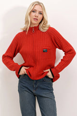 15863 Fermuarlı Triko Hırka - Zümrüt Yeşili