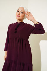 1627 Yaka Bağcıklı Tesettür Elbise - Gri