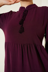 1627 Yaka Bağcıklı Tesettür Elbise - Gri