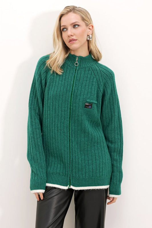 15863 Fermuarlı Triko Hırka - Zümrüt Yeşili