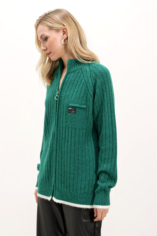 15863 Fermuarlı Triko Hırka - Zümrüt Yeşili