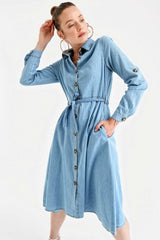 1924 KUŞAKLI KEMERLİ JEAN ELBİSE - Açık Mavi