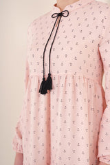 1627 Yaka Bağcıklı Tesettür Elbise - Gri