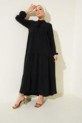 1627 Yaka Bağcıklı Tesettür Elbise - Gri