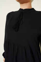 1627 Yaka Bağcıklı Tesettür Elbise - Gri