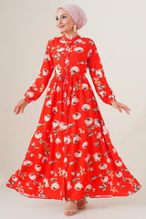 2144 Hakim Yaka Tesettür Elbise - C.Kırmızı