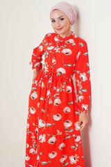 2144 Hakim Yaka Tesettür Elbise - C.Kırmızı
