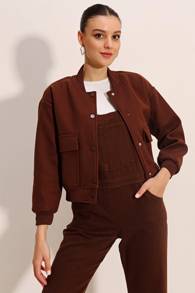 0688 Çift Cepli Bomber Ceket - Bej