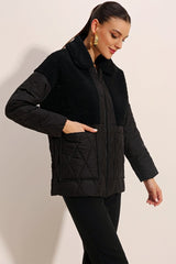 5182 Peluş Detaylı Oversize Şişme Mont - Bej