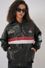 0698 Baskılı Suni Deri Bomber Ceket - Bordo