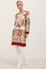 5902 Kemerli Desenli Elbise - Turuncu