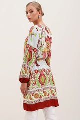 5902 Kemerli Desenli Elbise - Turuncu