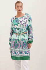 5902 Kemerli Desenli Elbise - Turuncu