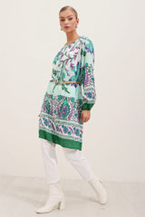 5902 Kemerli Desenli Elbise - Turuncu