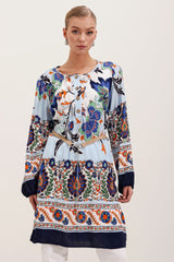 5902 Kemerli Desenli Elbise - Turuncu