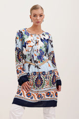 5902 Kemerli Desenli Elbise - Turuncu