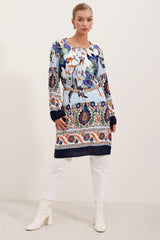 5902 Kemerli Desenli Elbise - Turuncu