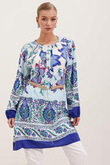 5902 Kemerli Desenli Elbise - Turuncu