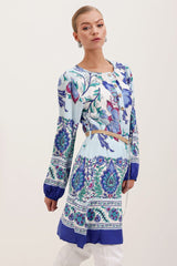 5902 Kemerli Desenli Elbise - Turuncu