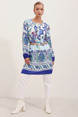 5902 Kemerli Desenli Elbise - Turuncu