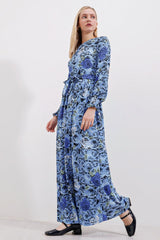 Mavi Krem Desenli Örme Tesettür Elbise 1525