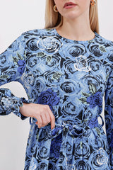 Mavi Krem Desenli Örme Tesettür Elbise 1525