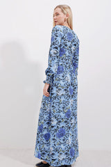 Mavi Krem Desenli Örme Tesettür Elbise 1525