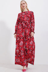 Mavi Krem Desenli Örme Tesettür Elbise 1525