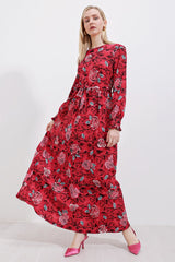 Mavi Krem Desenli Örme Tesettür Elbise 1525