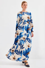 Mavi Krem Desenli Örme Tesettür Elbise 1525