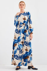 Mavi Krem Desenli Örme Tesettür Elbise 1525