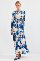 Mavi Krem Desenli Örme Tesettür Elbise 1525