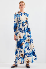 Mavi Krem Desenli Örme Tesettür Elbise 1525