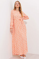 Mavi Krem Desenli Örme Tesettür Elbise 1525