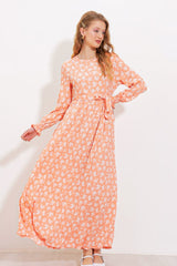 Mavi Krem Desenli Örme Tesettür Elbise 1525