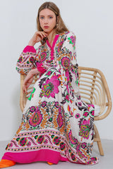 Fuşya Krem Desenli Viskon Tesettür Elbise 2423