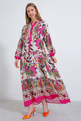 Fuşya Krem Desenli Viskon Tesettür Elbise 2423