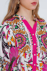 Fuşya Krem Desenli Viskon Tesettür Elbise 2423