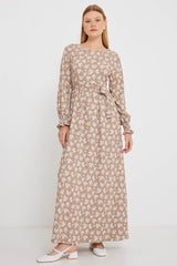 Mavi Krem Desenli Örme Tesettür Elbise 1525