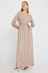 Mavi Krem Desenli Örme Tesettür Elbise 1525