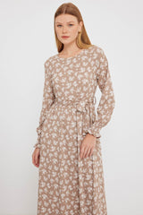 Mavi Krem Desenli Örme Tesettür Elbise 1525