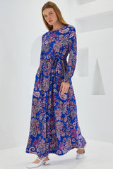 Mavi Krem Desenli Örme Tesettür Elbise 1525