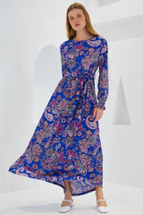 Mavi Krem Desenli Örme Tesettür Elbise 1525